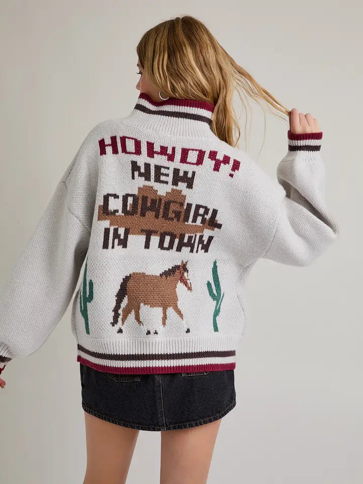 Collared Howdy Cowgirl Graphic Sweater Jacket