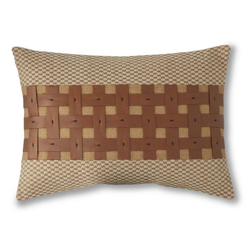 20 Inch Rectangular Tan Vegan Leather & Jute Check Pillow