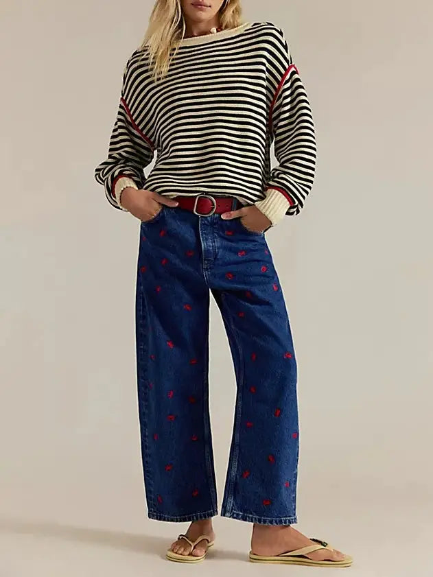 Dropped Shoulders Oversized Knit Sweater Pullover in Stripe