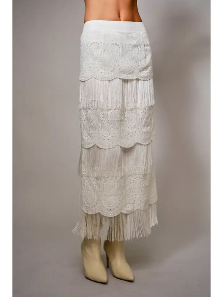 Lace Fringe Tiered Maxi Skirt