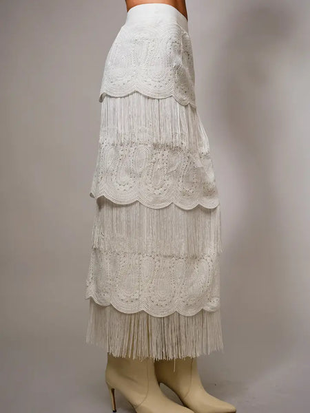Lace Fringe Tiered Maxi Skirt