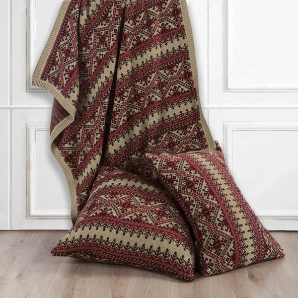 FAIR ISLE RED & BROWN KNIT THROW BLANKET, 50X60