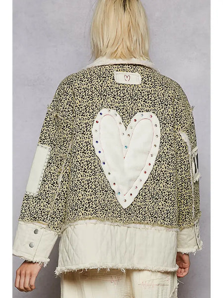 Pol Colorblocked Twill Patch Studded Back Heart Jacket