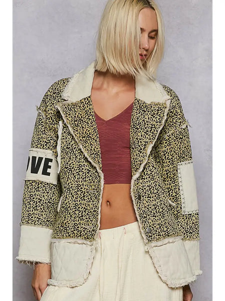 Pol Colorblocked Twill Patch Studded Back Heart Jacket