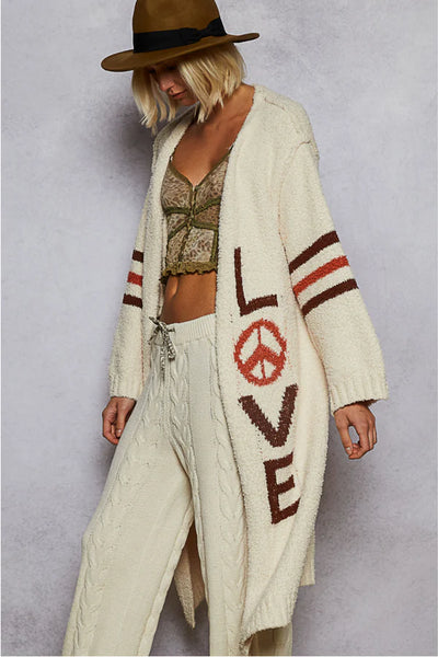 Love Letter Printed Peace Solid Berber Sweater Cardigan