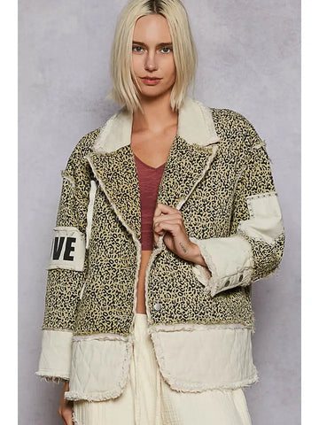 Pol Colorblocked Twill Patch Studded Back Heart Jacket