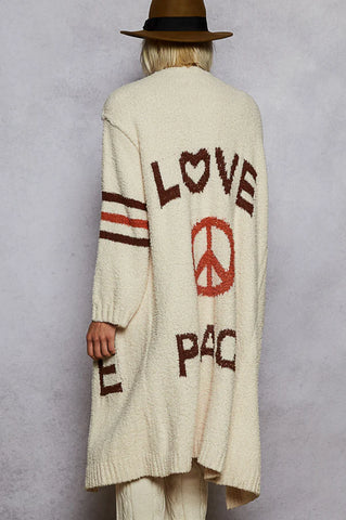 Love Letter Printed Peace Solid Berber Sweater Cardigan