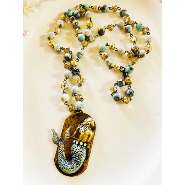 Mermaid Brass Patina Dog Tag Style Beaded Chain Necklace