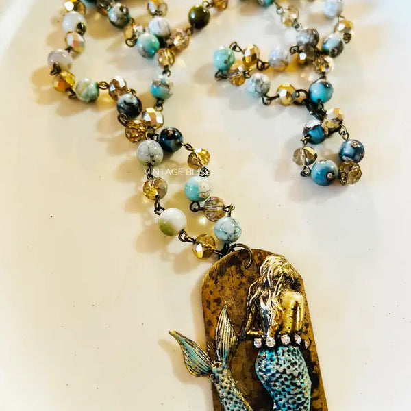 Mermaid Brass Patina Dog Tag Style Beaded Chain Necklace