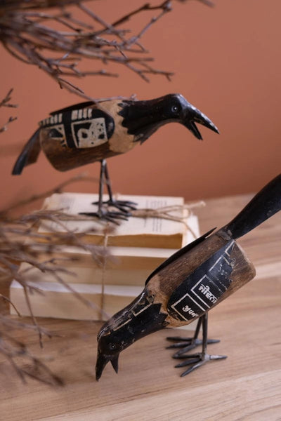 Set of Two Recycled Metal and Wood Crows
