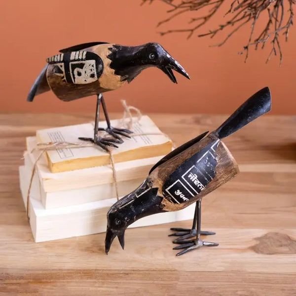 Set of Two Recycled Metal and Wood Crows