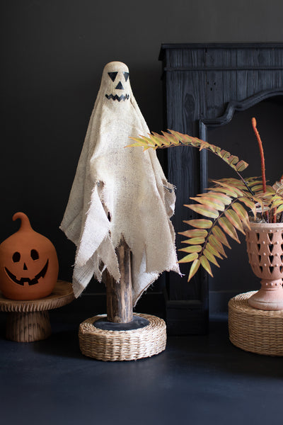 Tall Painted Burlap Ghost on a Wood Base