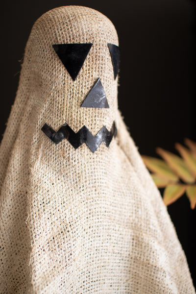 Tall Painted Burlap Ghost on a Wood Base