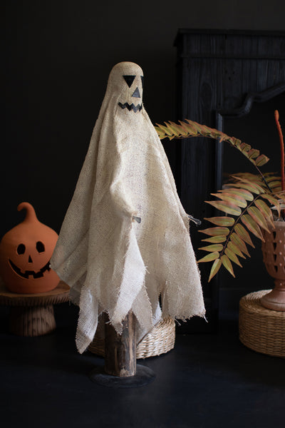 Tall Painted Burlap Ghost on a Wood Base
