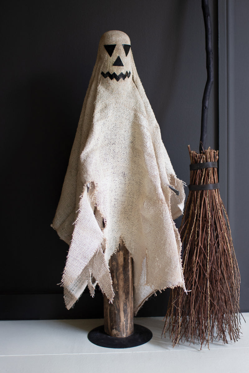 Tall Painted Burlap Ghost on a Wood Base