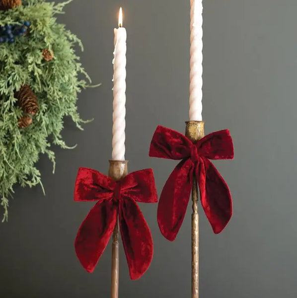 Set of Two Antique Brass Taper Candle Holders W Velvet Bows