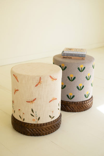 Upholstered Ottoman with Embroidered Detail and Carved Wood Base 2 Color Options PREORDER
