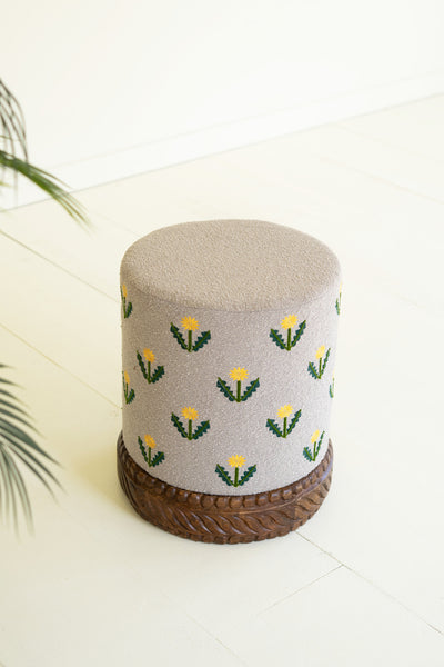 Upholstered Ottoman with Embroidered Detail and Carved Wood Base 2 Color Options PREORDER