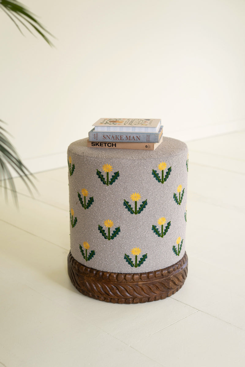 Upholstered Ottoman with Embroidered Detail and Carved Wood Base 2 Color Options PREORDER