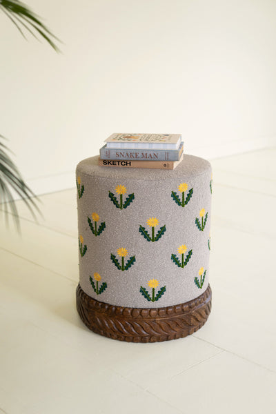 Upholstered Ottoman with Embroidered Detail and Carved Wood Base 2 Color Options PREORDER