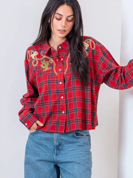 Collar Western Embo Plaid Shirt
