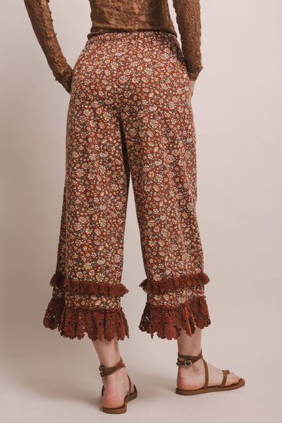 Floral Printed With Lace Trim Elastic Waist Pants
