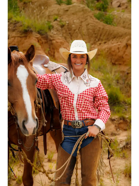 Pearl Snap, Embroidery Cowboy Red Gingham