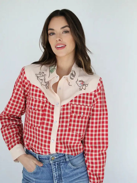 Pearl Snap, Embroidery Cowboy Red Gingham