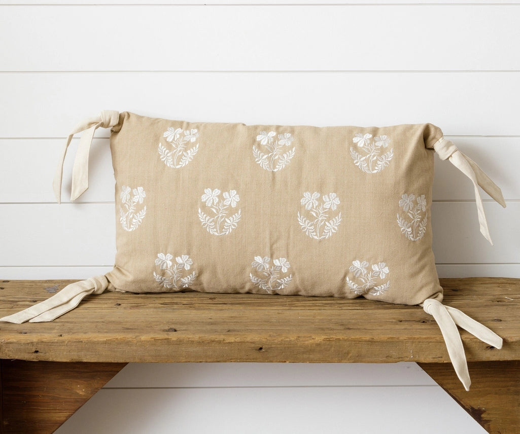 Embroidered Floral Silhouette Pillow with Corner Ties