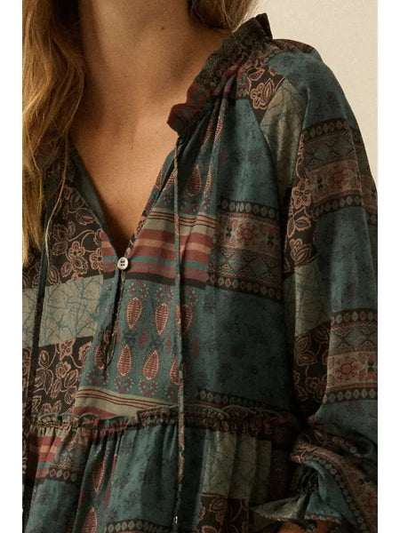 Patchwork-Print Tiered Ruffle Midi Prairie Dress