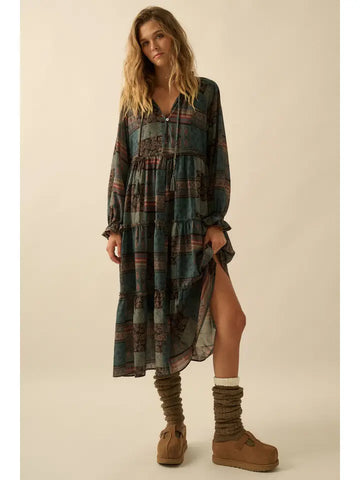 Patchwork-Print Tiered Ruffle Midi Prairie Dress