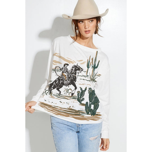 Western Cowboy Print French Terry Sweatshirt