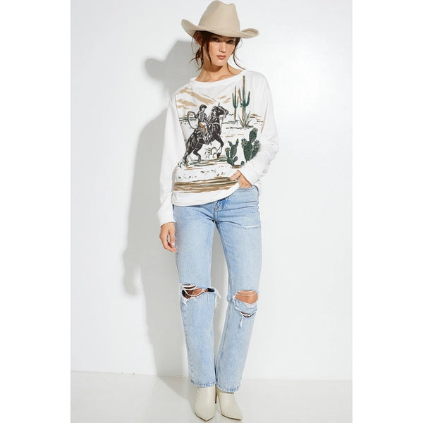 Western Cowboy Print French Terry Sweatshirt