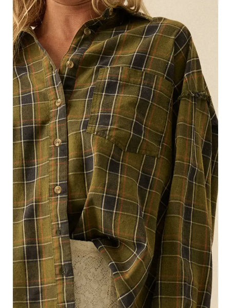 Plaid Oversized Raw-Edge Exposed-Seam Pocket Shirt