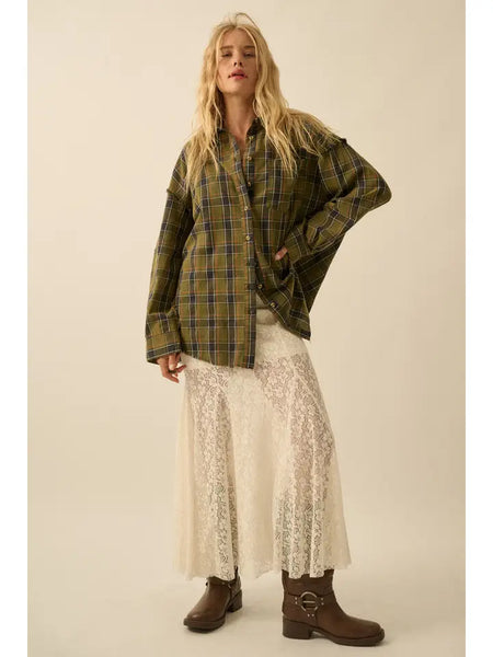 Plaid Oversized Raw-Edge Exposed-Seam Pocket Shirt