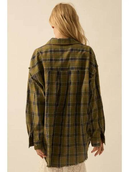 Plaid Oversized Raw-Edge Exposed-Seam Pocket Shirt