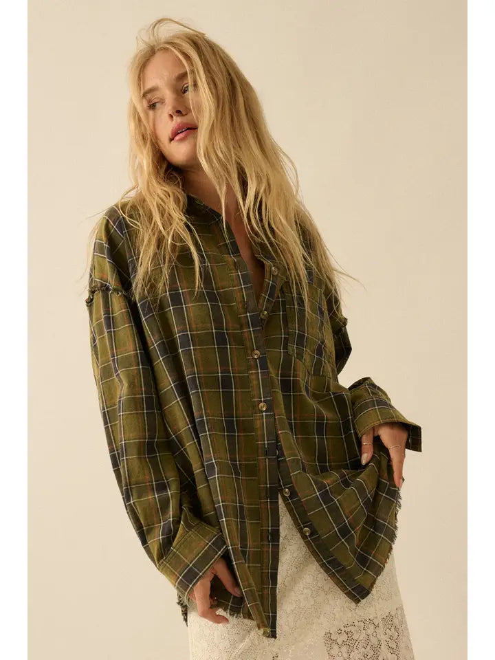 Plaid Oversized Raw-Edge Exposed-Seam Pocket Shirt