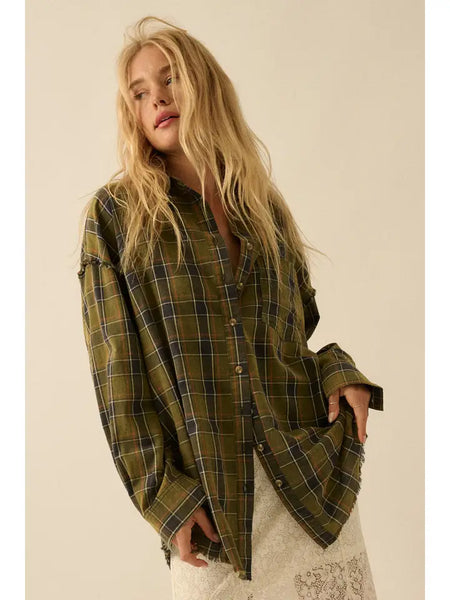 Plaid Oversized Raw-Edge Exposed-Seam Pocket Shirt