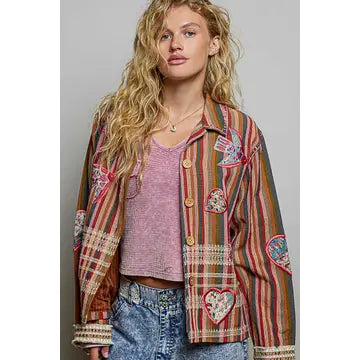 Pol Mixed Striped Plaid Pattern Blocking Raw-Edge Trim Jacket