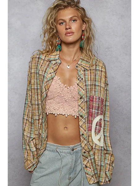 Long Sleeve Outseam Plaid Peace Patch Shirt Top