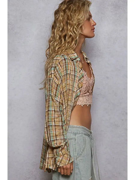 Long Sleeve Outseam Plaid Peace Patch Shirt Top