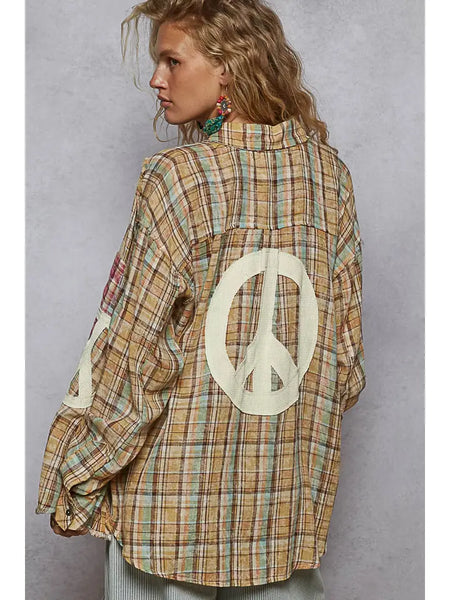 Long Sleeve Outseam Plaid Peace Patch Shirt Top