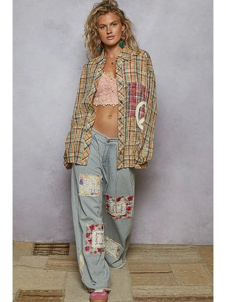 Long Sleeve Outseam Plaid Peace Patch Shirt Top