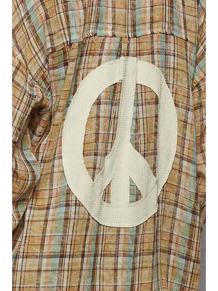 Long Sleeve Outseam Plaid Peace Patch Shirt Top