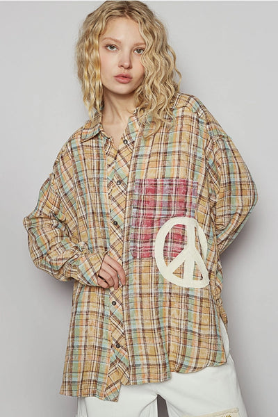 Long Sleeve Outseam Plaid Peace Patch Shirt Top