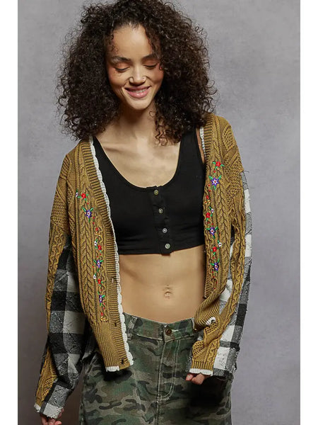 Contrast Border Patchwork Knit Cardigan with Embroidery