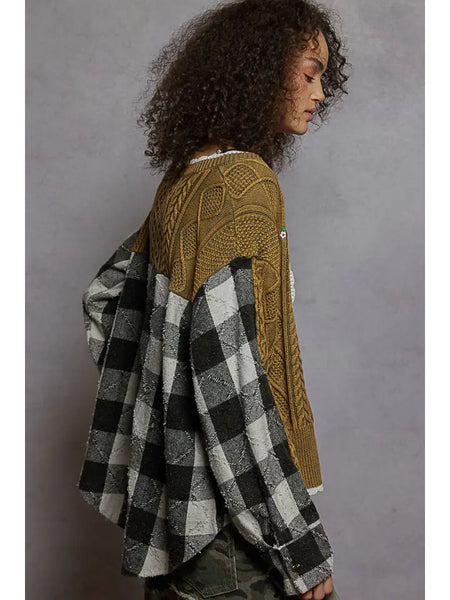 Contrast Border Patchwork Knit Cardigan with Embroidery