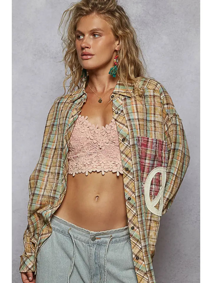Long Sleeve Outseam Plaid Peace Patch Shirt Top