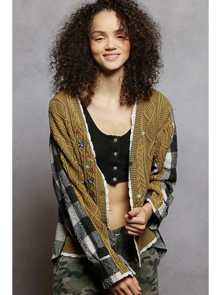 Contrast Border Patchwork Knit Cardigan with Embroidery