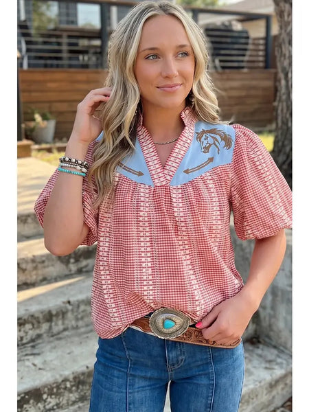 Western Pony Embroidered Yoke Puff Sleeve Gingham Blouse